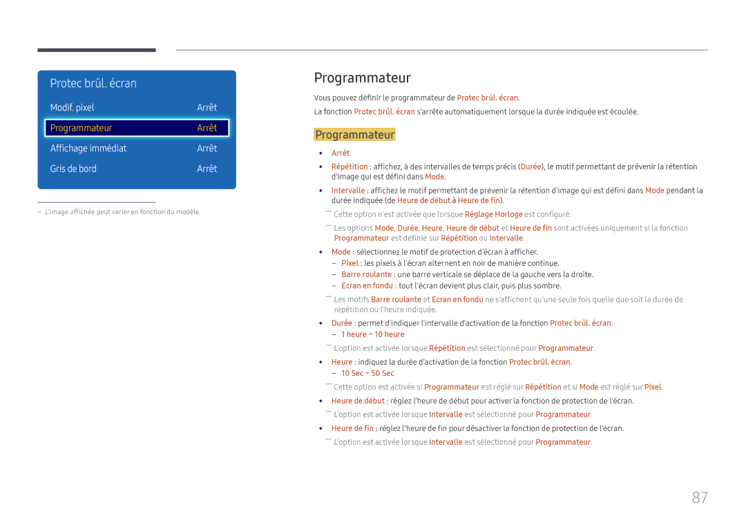 Samsung LH49DCJPLGC/EN, LH43DCJPLGC/EN manual Programmateur, Modif. pixel Arrêt, Affichage immédiat Arrêt Gris de bord 