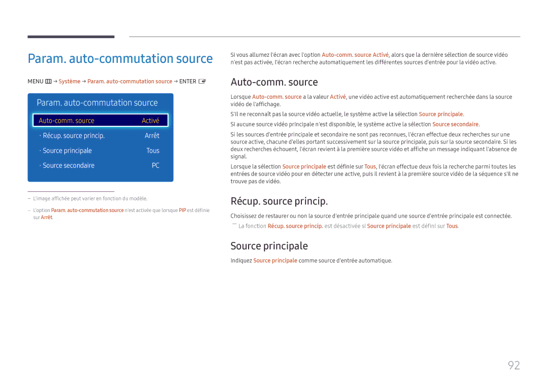 Samsung LH49DCHPLGC/EN manual Auto-comm. source, Récup. source princip, Source principale, Param. auto-commutation source 