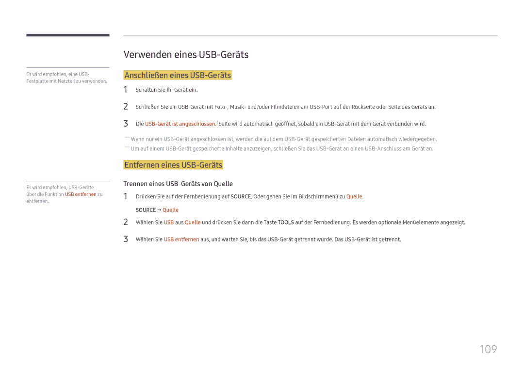 Samsung LH43DCJPLGC/EN manual 109, Verwenden eines USB-Geräts, Anschließen eines USB-Geräts, Entfernen eines USB-Geräts 