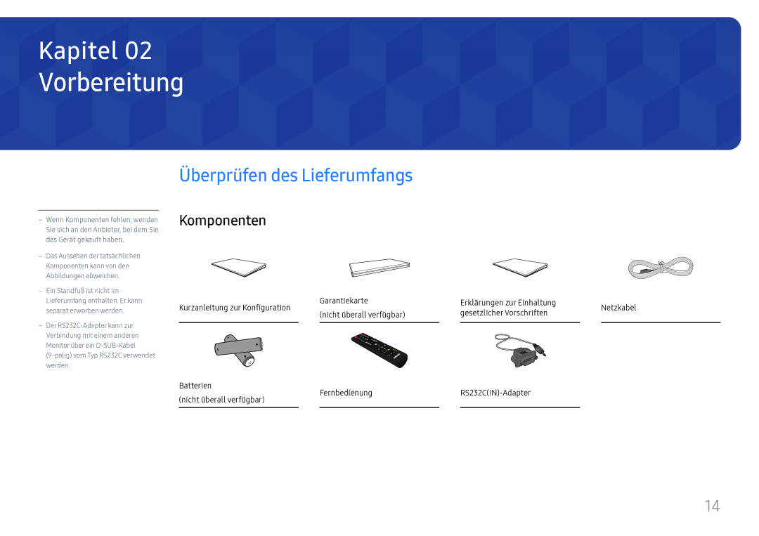 Samsung LH49DCHPLGC/EN, LH49DCJPLGC/EN, LH43DCJPLGC/EN manual Vorbereitung, Überprüfen des Lieferumfangs, Komponenten 