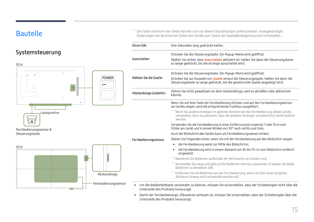 Samsung LH49DCJPLGC/EN, LH43DCJPLGC/EN, LH49DCHPLGC/EN manual Bauteile, Systemsteuerung 