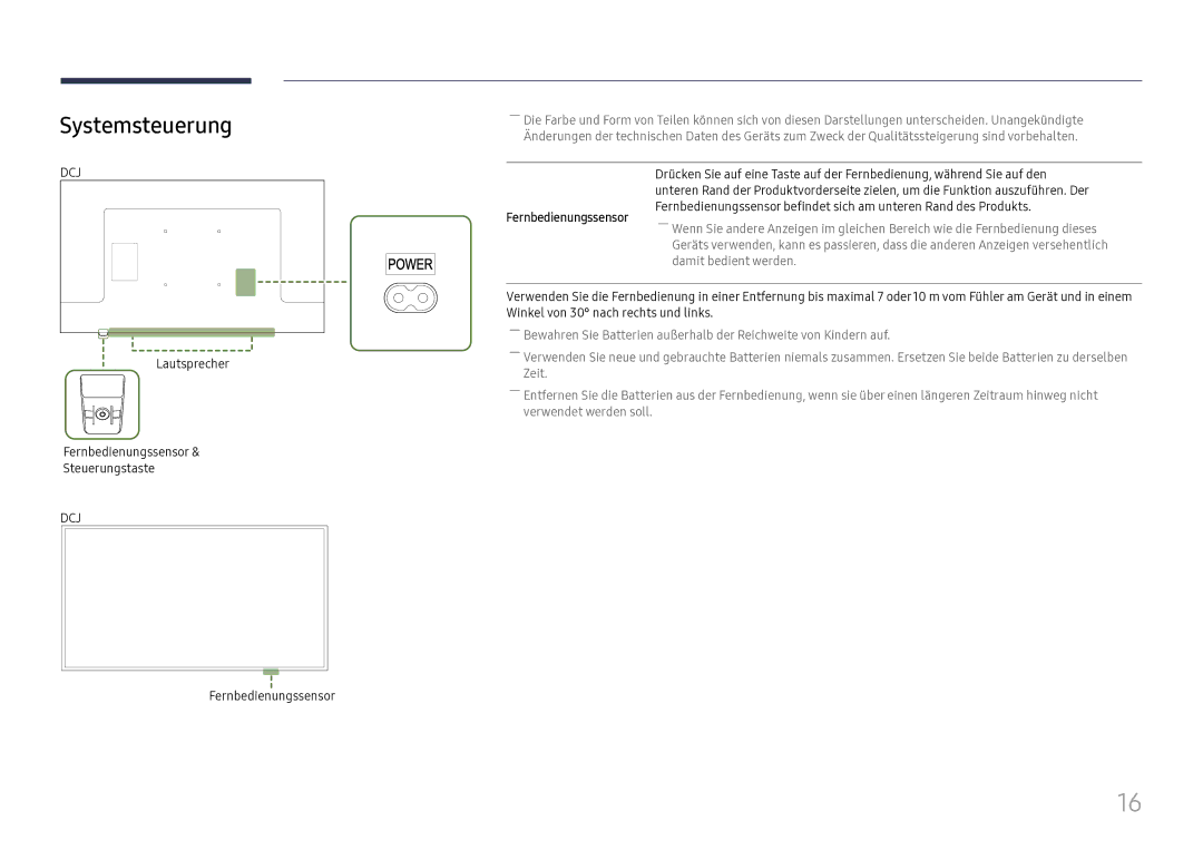 Samsung LH43DCJPLGC/EN, LH49DCJPLGC/EN, LH49DCHPLGC/EN manual Lautsprecher Fernbedienungssensor Steuerungstaste 