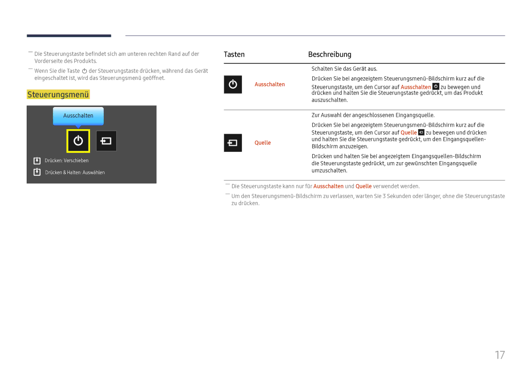 Samsung LH49DCHPLGC/EN, LH49DCJPLGC/EN, LH43DCJPLGC/EN manual TastenBeschreibung, Ausschalten, Quelle 