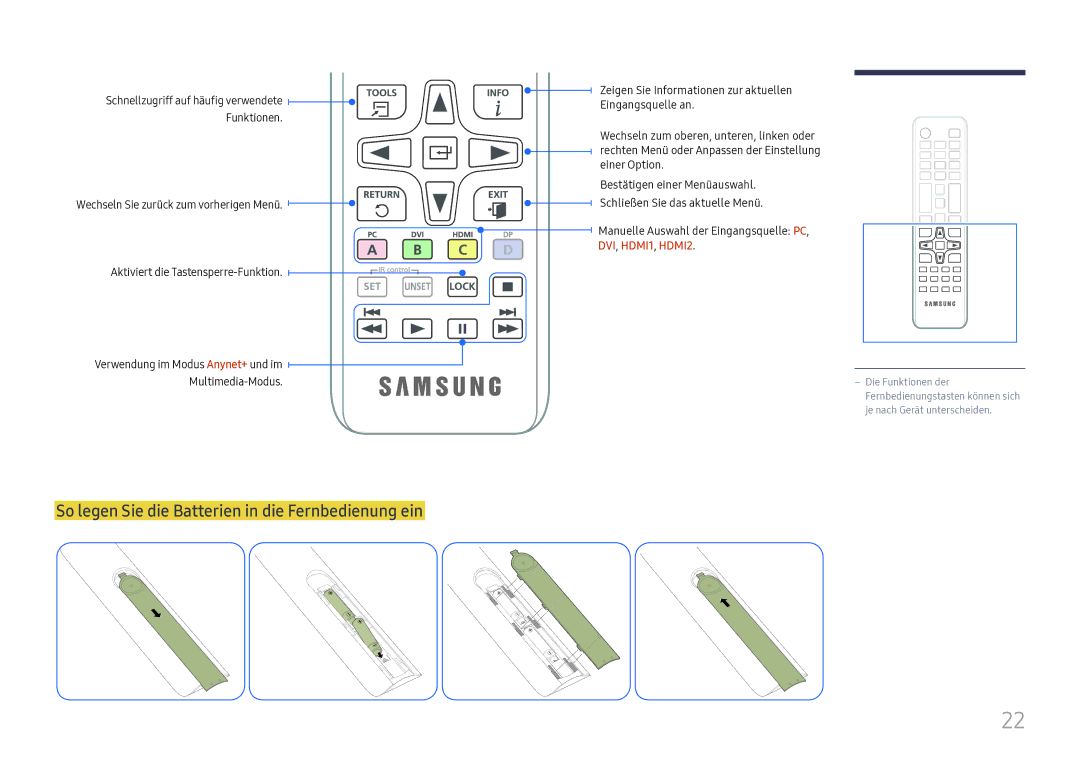 Samsung LH43DCJPLGC/EN manual So legen Sie die Batterien in die Fernbedienung ein, Manuelle Auswahl der Eingangsquelle PC 