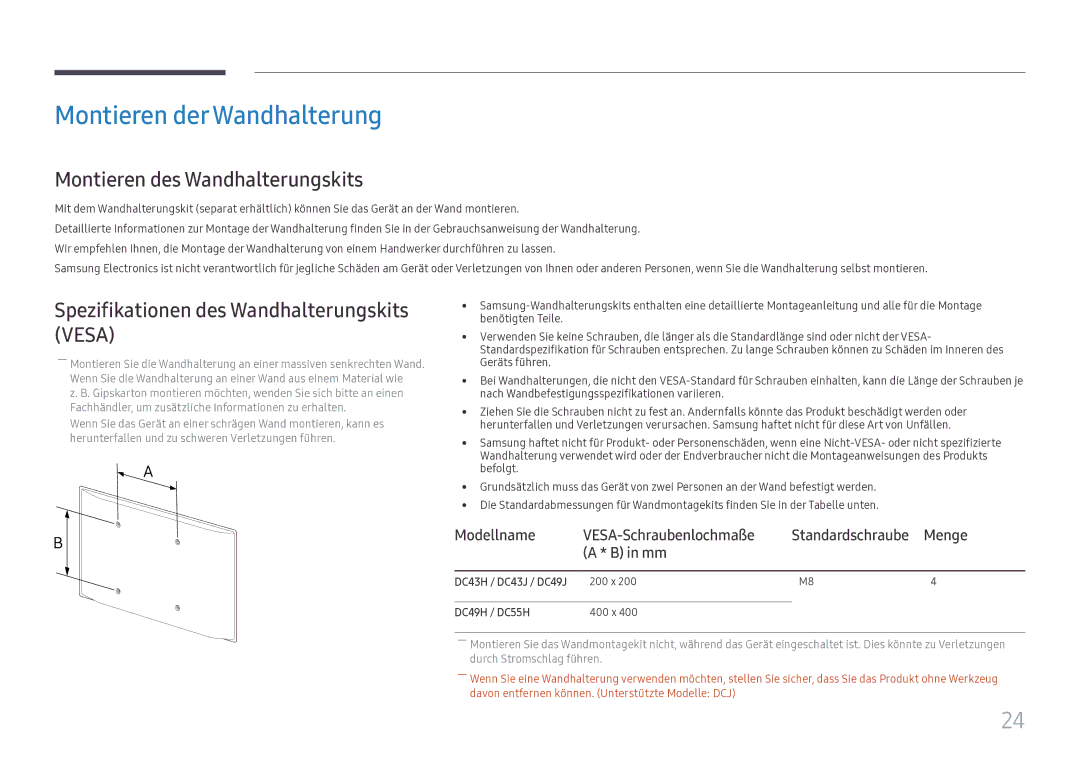 Samsung LH49DCJPLGC/EN Montieren derWandhalterung, Montieren des Wandhalterungskits, Modellname VESA-Schraubenlochmaße 