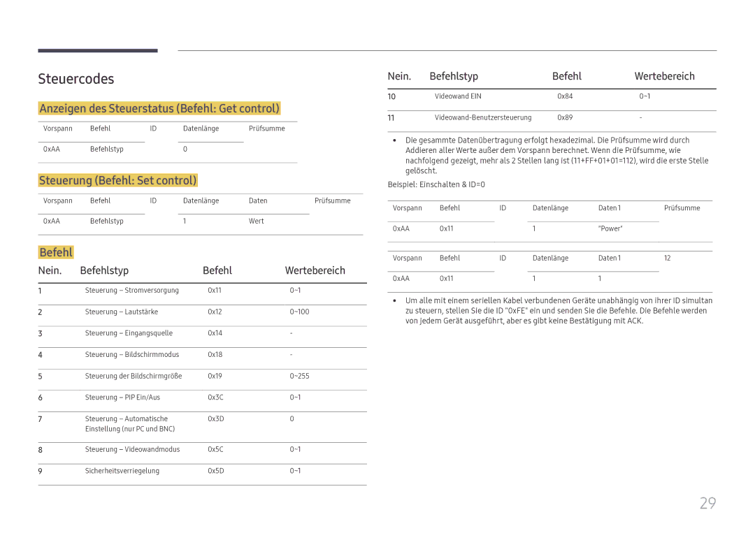 Samsung LH49DCHPLGC/EN manual Steuercodes, Anzeigen des Steuerstatus Befehl Get control, Steuerung Befehl Set control 