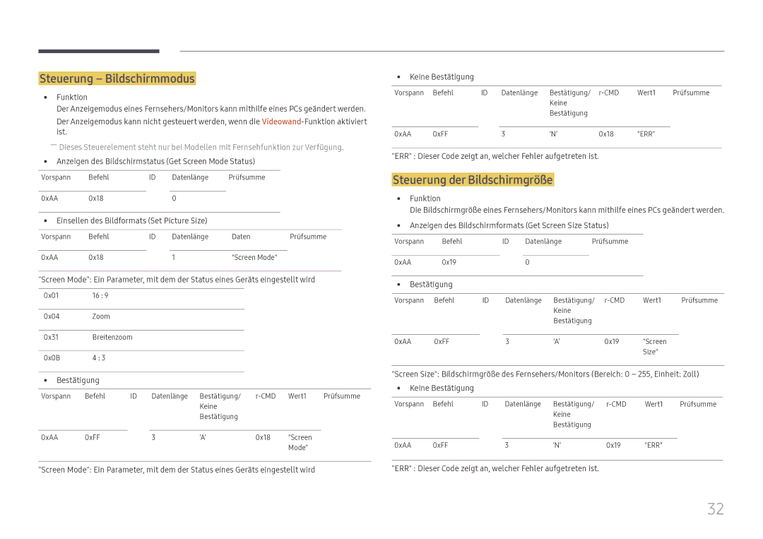 Samsung LH49DCHPLGC/EN, LH49DCJPLGC/EN, LH43DCJPLGC/EN manual Steuerung Bildschirmmodus, Steuerung der Bildschirmgröße 