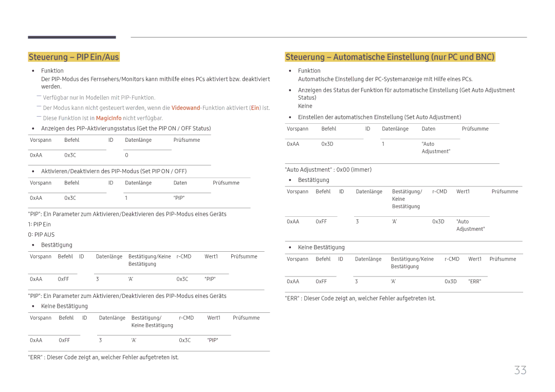 Samsung LH49DCJPLGC/EN, LH43DCJPLGC/EN manual Steuerung PIP Ein/Aus, Steuerung Automatische Einstellung nur PC und BNC 