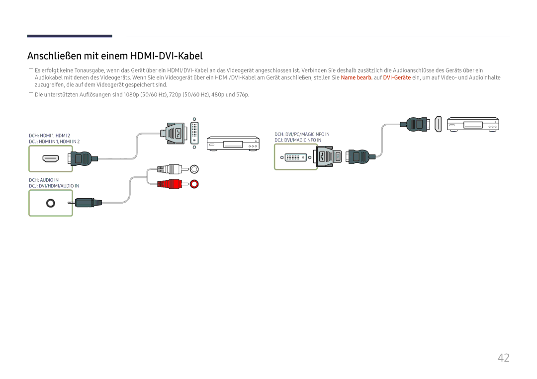 Samsung LH49DCJPLGC/EN, LH43DCJPLGC/EN, LH49DCHPLGC/EN manual Anschließen mit einem HDMI-DVI-Kabel 