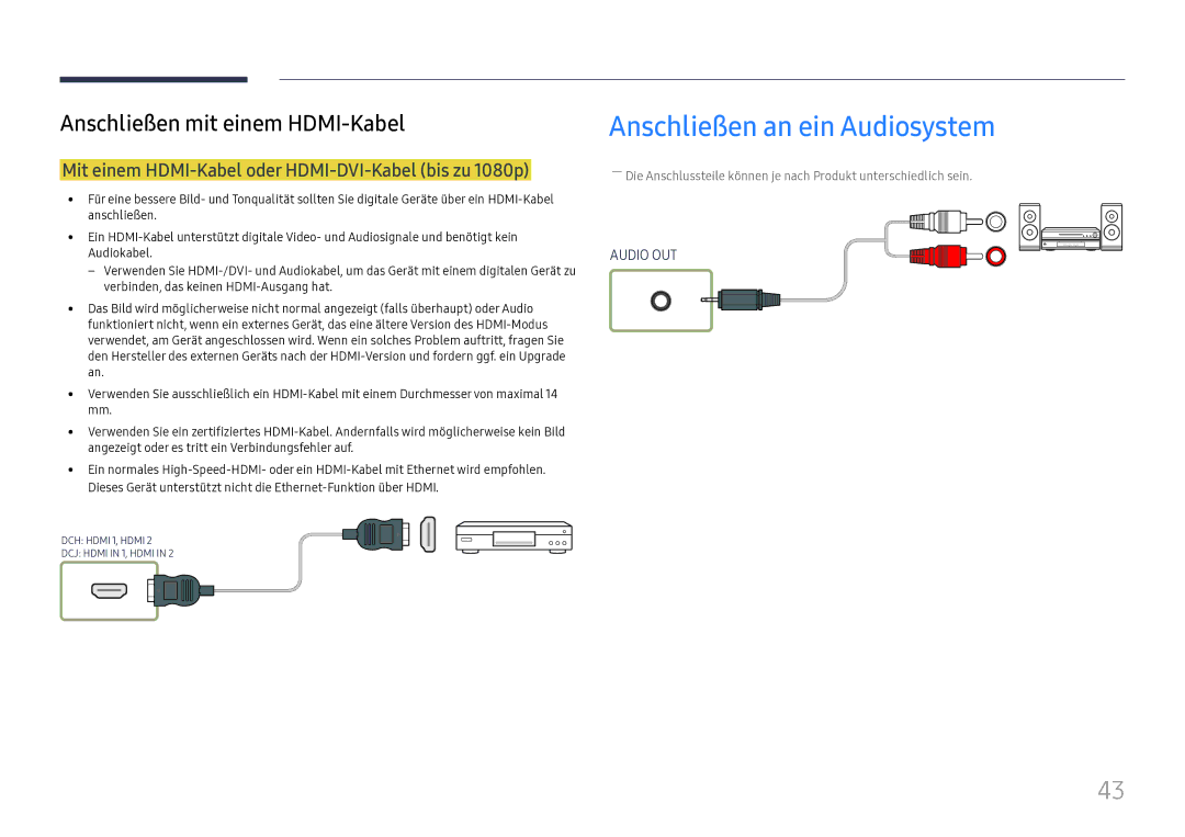 Samsung LH43DCJPLGC/EN manual Anschließen an ein Audiosystem, Mit einem HDMI-Kabel oder HDMI-DVI-Kabel bis zu 1080p 