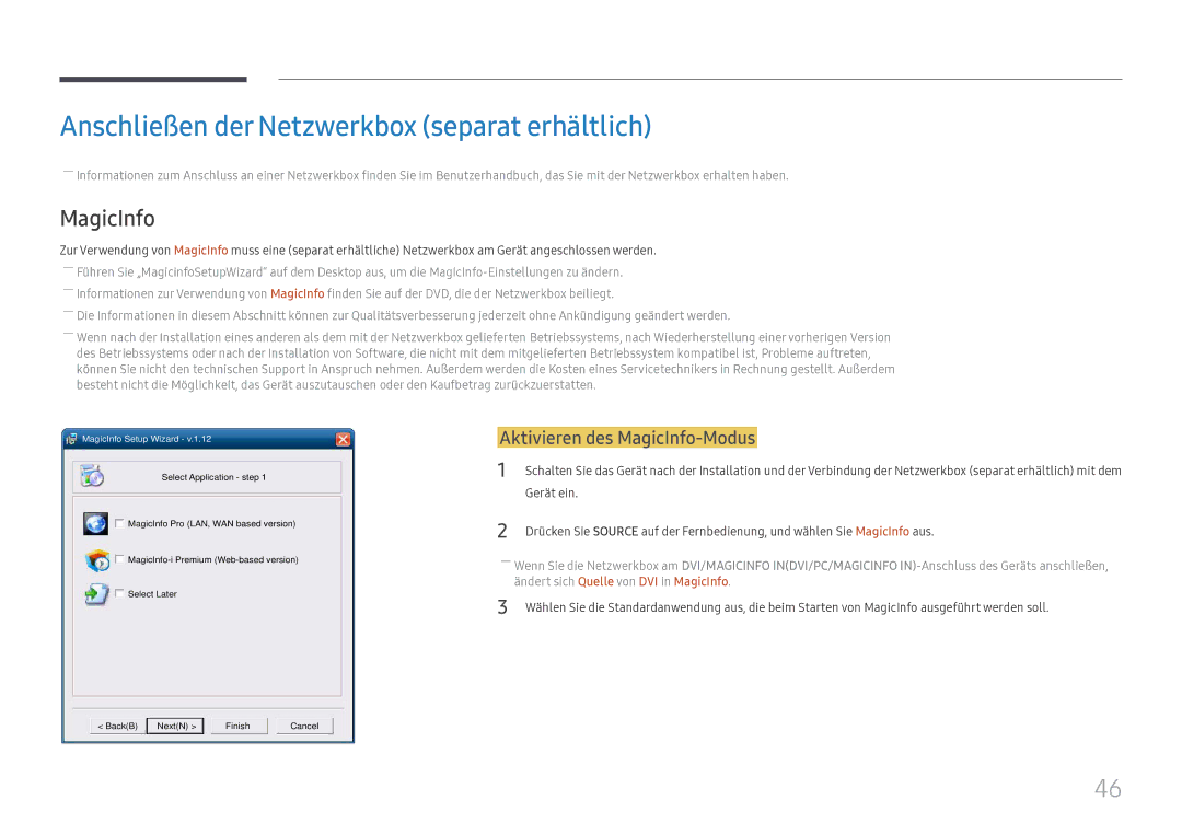 Samsung LH43DCJPLGC/EN manual Anschließen der Netzwerkbox separat erhältlich, Aktivieren des MagicInfo-Modus, Gerät ein 