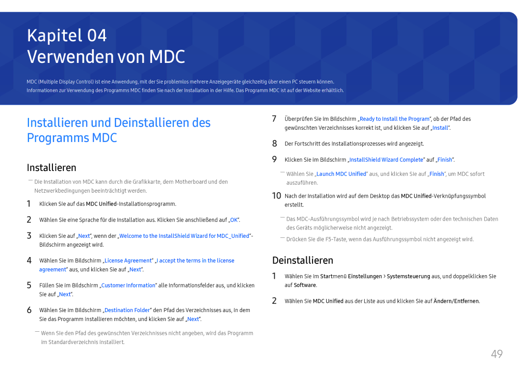 Samsung LH43DCJPLGC/EN, LH49DCJPLGC/EN Verwenden von MDC, Installieren und Deinstallieren des Programms MDC, Auf Software 