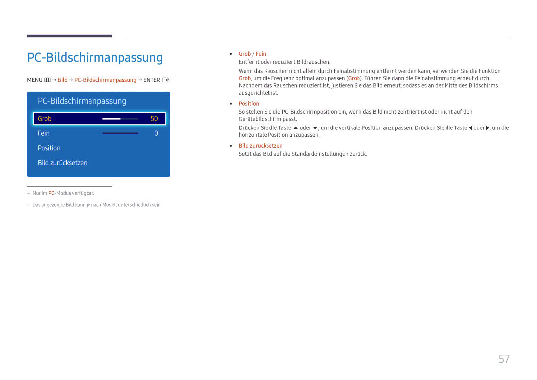 Samsung LH49DCJPLGC/EN, LH43DCJPLGC/EN, LH49DCHPLGC/EN manual PC-Bildschirmanpassung, Fein Position Bild zurücksetzen 