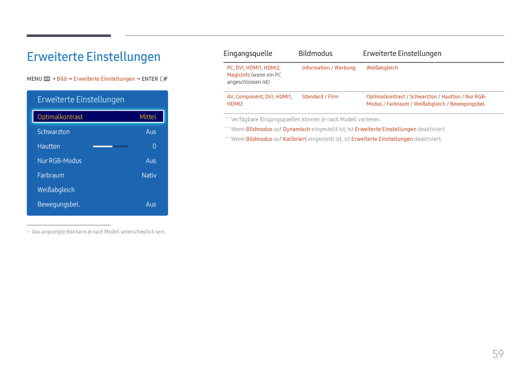 Samsung LH49DCHPLGC/EN, LH49DCJPLGC/EN, LH43DCJPLGC/EN manual Eingangsquelle Bildmodus Erweiterte Einstellungen 