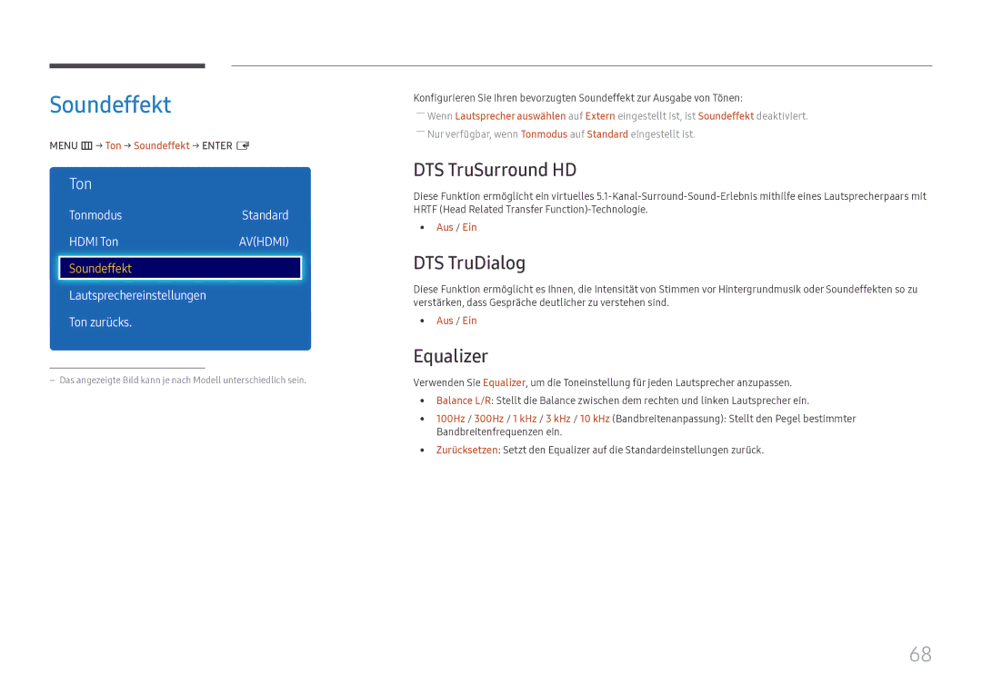 Samsung LH49DCHPLGC/EN, LH49DCJPLGC/EN, LH43DCJPLGC/EN manual Soundeffekt, DTS TruSurround HD, DTS TruDialog, Equalizer 