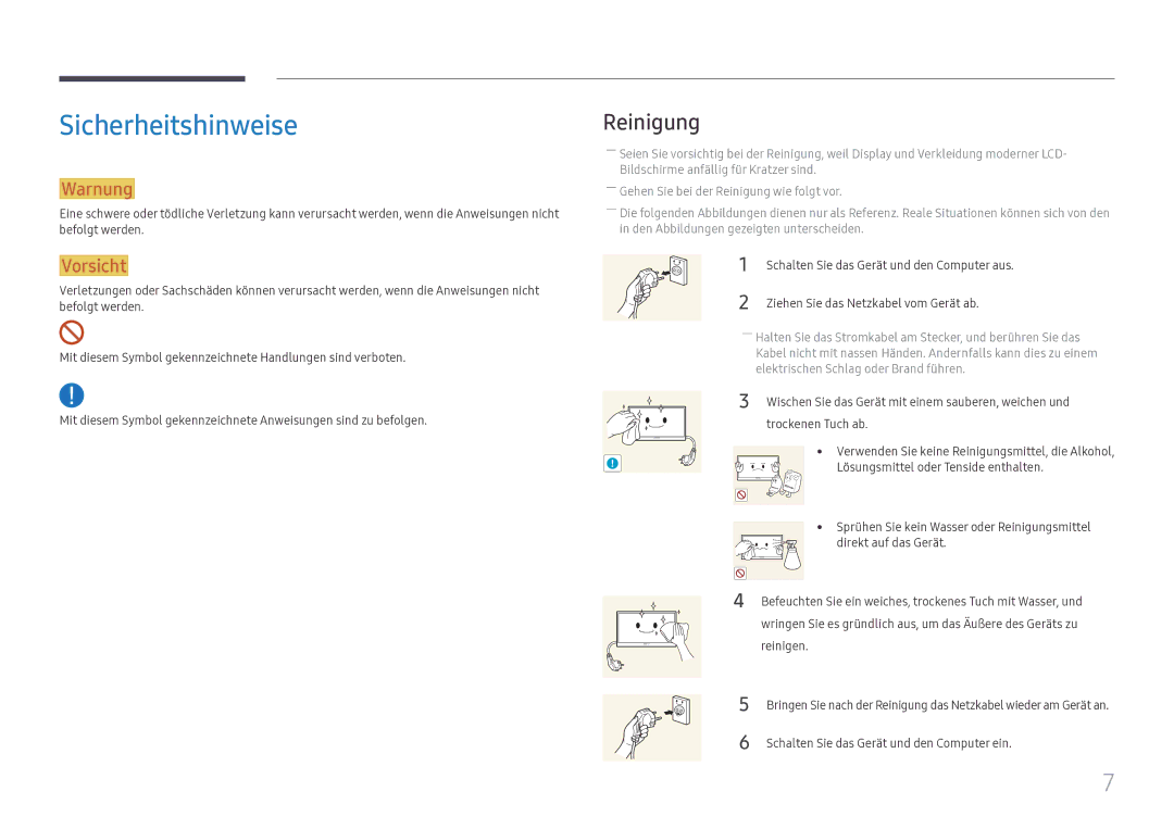 Samsung LH43DCJPLGC/EN, LH49DCJPLGC/EN, LH49DCHPLGC/EN manual Sicherheitshinweise, Reinigung 