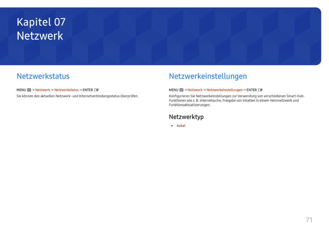 Samsung LH49DCHPLGC/EN, LH49DCJPLGC/EN, LH43DCJPLGC/EN manual Netzwerkstatus, Netzwerkeinstellungen, Netzwerktyp 