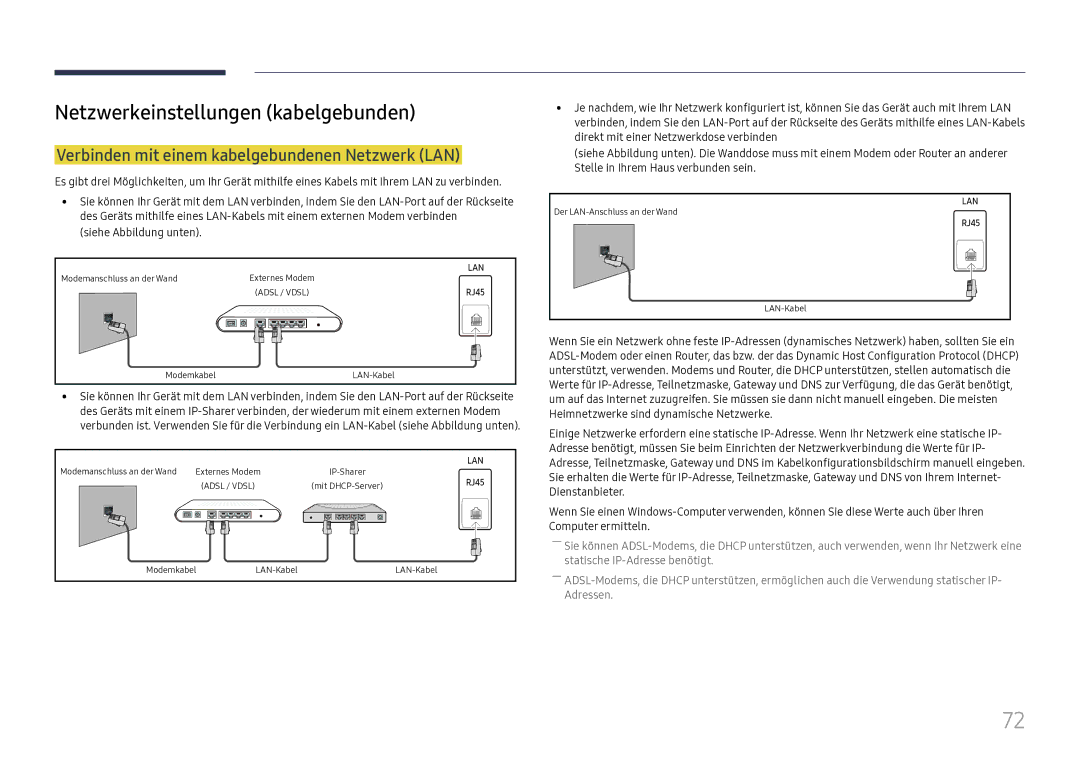 Samsung LH49DCJPLGC/EN manual Netzwerkeinstellungen kabelgebunden, Verbinden mit einem kabelgebundenen Netzwerk LAN 