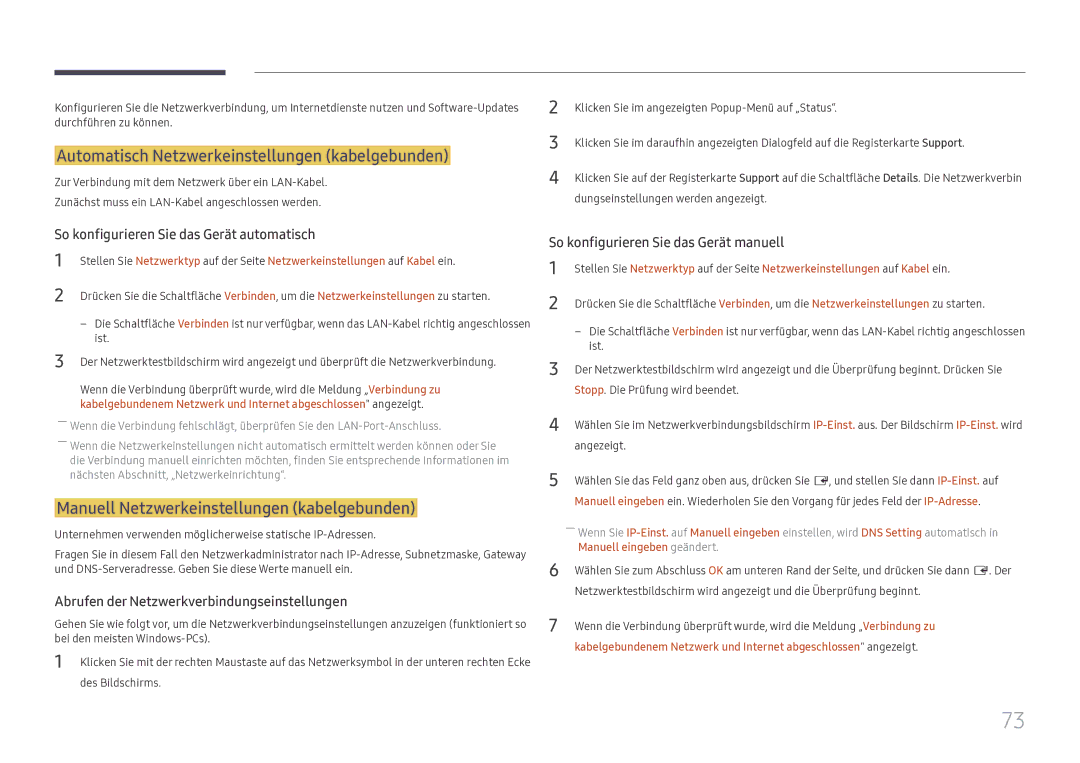 Samsung LH43DCJPLGC/EN manual Automatisch Netzwerkeinstellungen kabelgebunden, Manuell Netzwerkeinstellungen kabelgebunden 