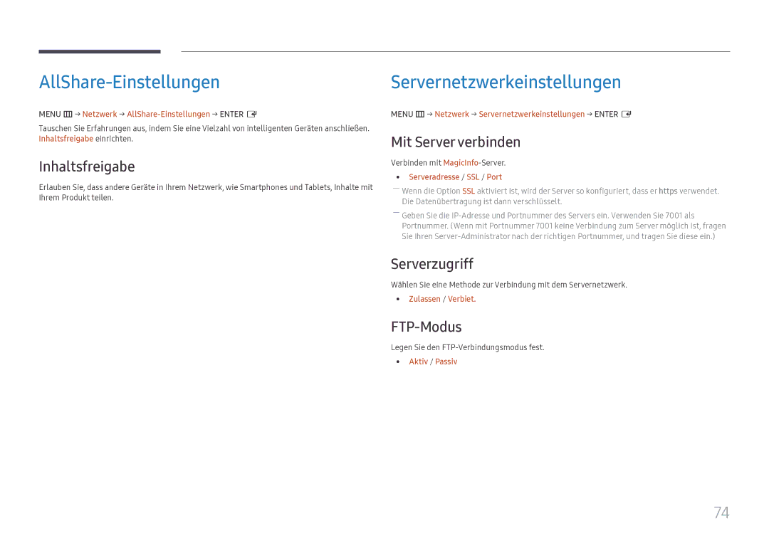 Samsung LH49DCHPLGC/EN AllShare-EinstellungenServernetzwerkeinstellungen, Inhaltsfreigabe, Mit Server verbinden, FTP-Modus 