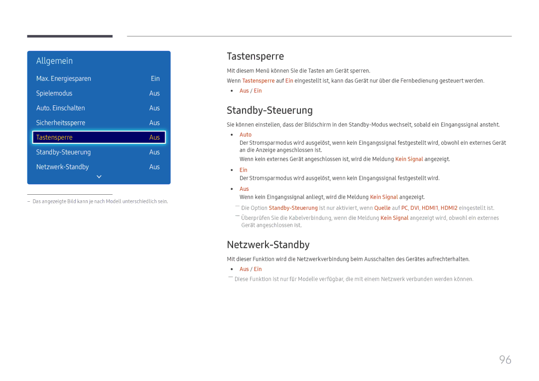 Samsung LH49DCJPLGC/EN manual Tastensperre, Standby-Steuerung, Netzwerk-Standby, Max. Energiesparen Ein Spielemodus, Auto 