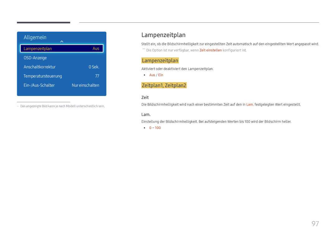 Samsung LH43DCJPLGC/EN, LH49DCJPLGC/EN manual Zeitplan1, Zeitplan2, Aktiviert oder deaktiviert den Lampenzeitplan 