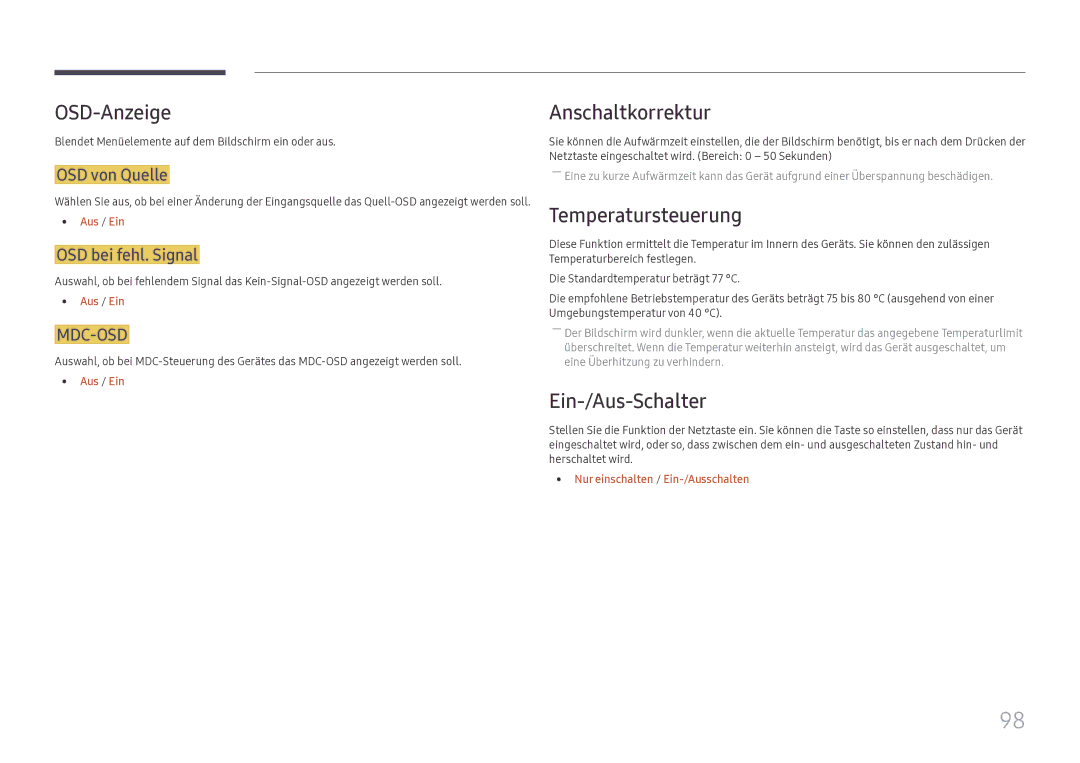 Samsung LH49DCHPLGC/EN, LH49DCJPLGC/EN manual OSD-Anzeige, Anschaltkorrektur, Temperatursteuerung, Ein-/Aus-Schalter 