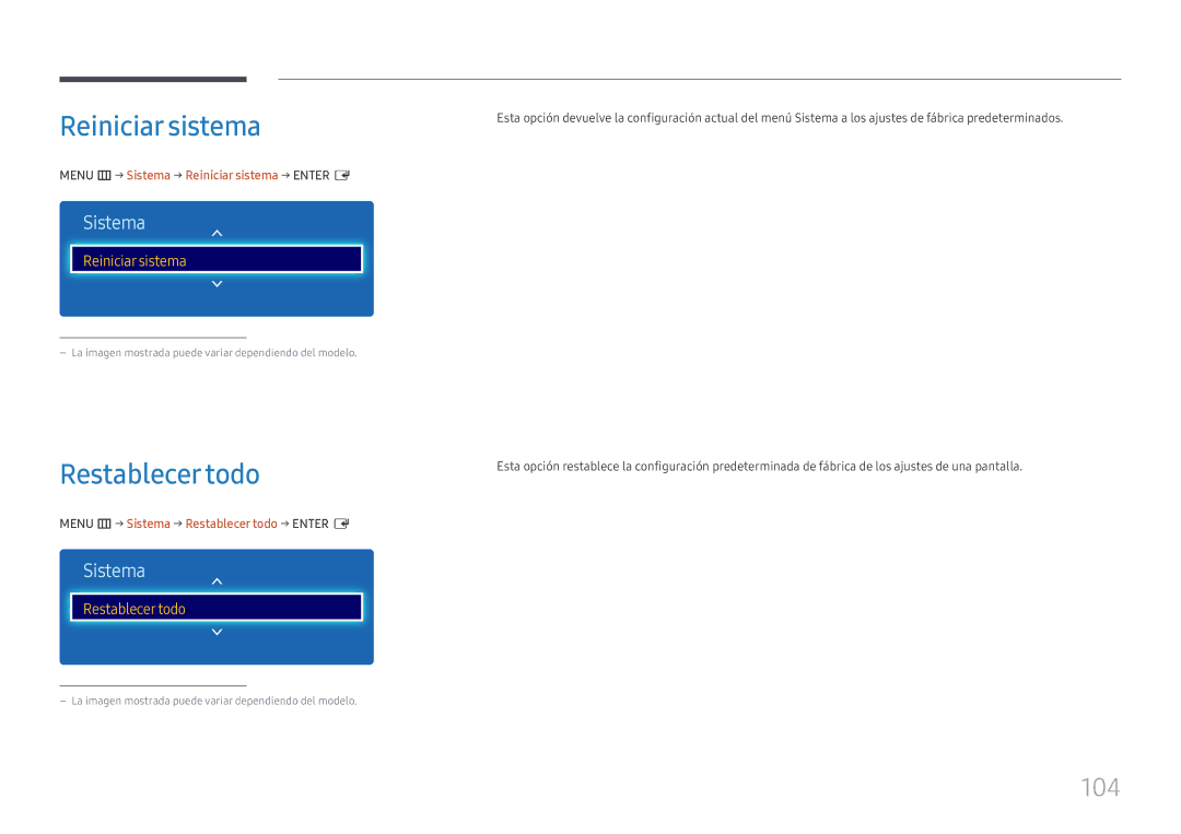 Samsung LH49DCHPLGC/EN, LH49DCJPLGC/EN manual Restablecer todo, 104, Menu m → Sistema → Reiniciar sistema → Enter E 