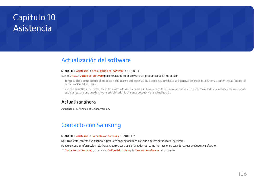 Samsung LH43DCJPLGC/EN, LH49DCJPLGC/EN Asistencia, Actualización del software, Contacto con Samsung, 106, Actualizar ahora 