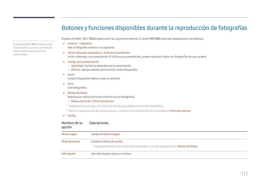 Samsung LH49DCJPLGC/EN, LH43DCJPLGC/EN, LH49DCHPLGC/EN manual 111, Nombre de la Operaciones Opción 