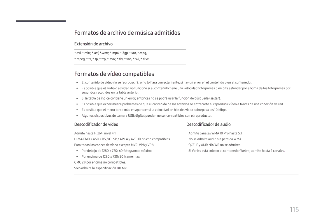 Samsung LH43DCJPLGC/EN 115, Formatos de archivo de música admitidos, Formatos de vídeo compatibles, Extensión de archivo 