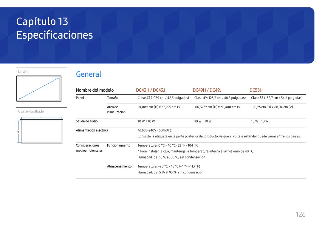 Samsung LH49DCJPLGC/EN, LH43DCJPLGC/EN, LH49DCHPLGC/EN manual Especificaciones, 126, Nombre del modelo 