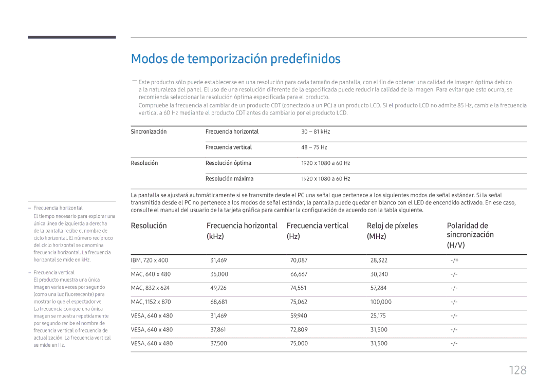 Samsung LH49DCHPLGC/EN, LH49DCJPLGC/EN, LH43DCJPLGC/EN manual Modos de temporización predefinidos, 128 