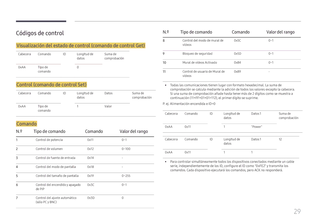 Samsung LH49DCHPLGC/EN manual Códigos de control, Visualización del estado de control comando de control Get, Comando 