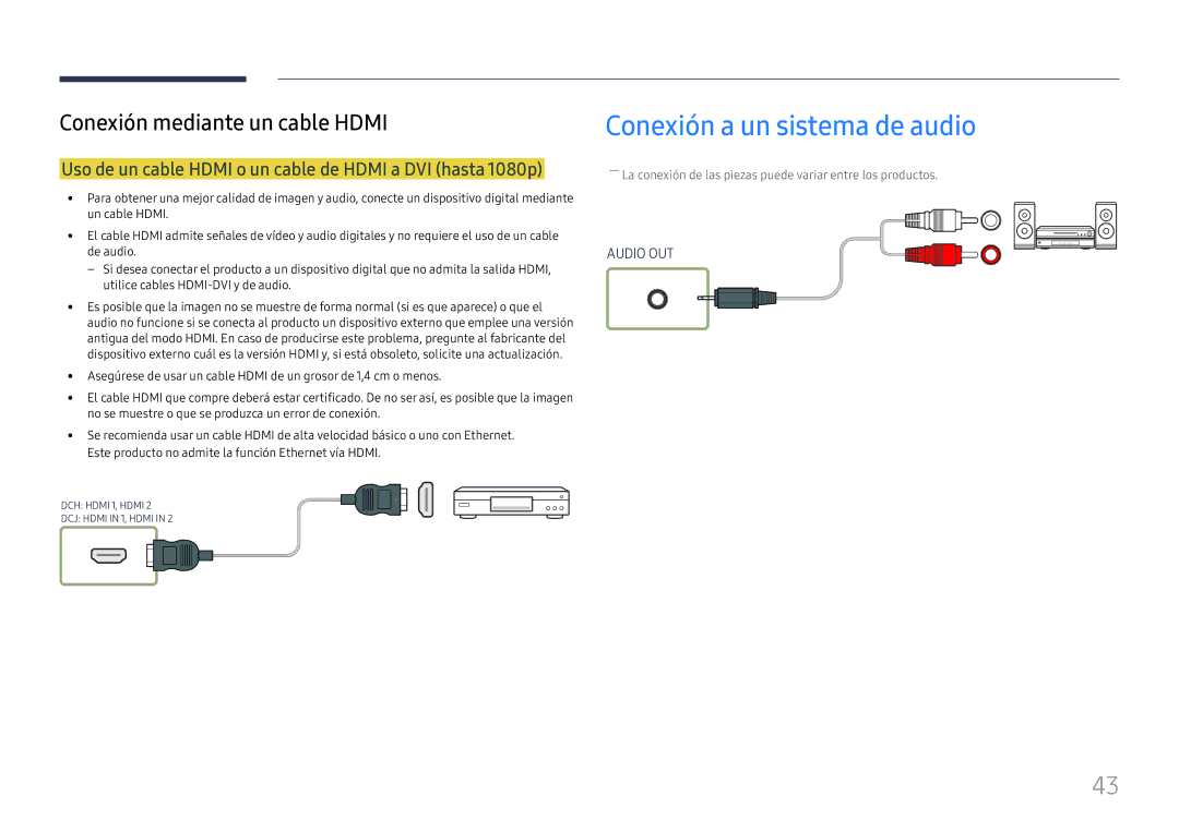 Samsung LH43DCJPLGC/EN manual Conexión a un sistema de audio, Uso de un cable Hdmi o un cable de Hdmi a DVI hasta 1080p 