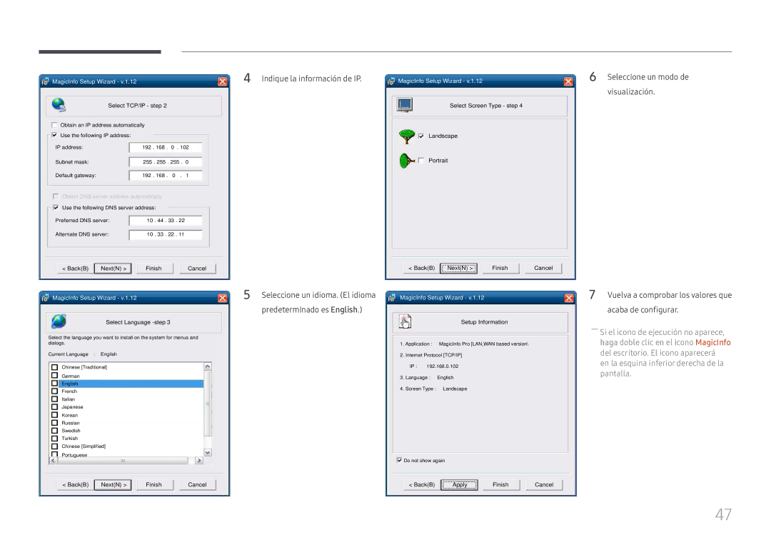 Samsung LH49DCHPLGC/EN, LH49DCJPLGC/EN, LH43DCJPLGC/EN manual Indique la información de IP, Select TCP/IP step 