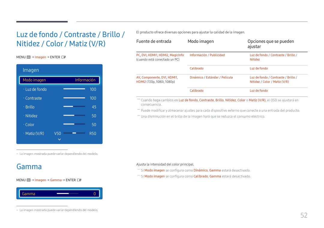 Samsung LH43DCJPLGC/EN, LH49DCJPLGC/EN, LH49DCHPLGC/EN Menu m → Imagen → Enter E, Menu m → Imagen → Gamma → Enter E 