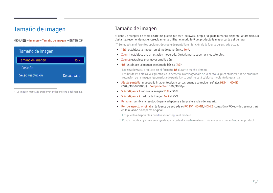 Samsung LH49DCJPLGC/EN, LH43DCJPLGC/EN, LH49DCHPLGC/EN manual Tamaño de imagen, · Posición Selec. resolución Desactivado 