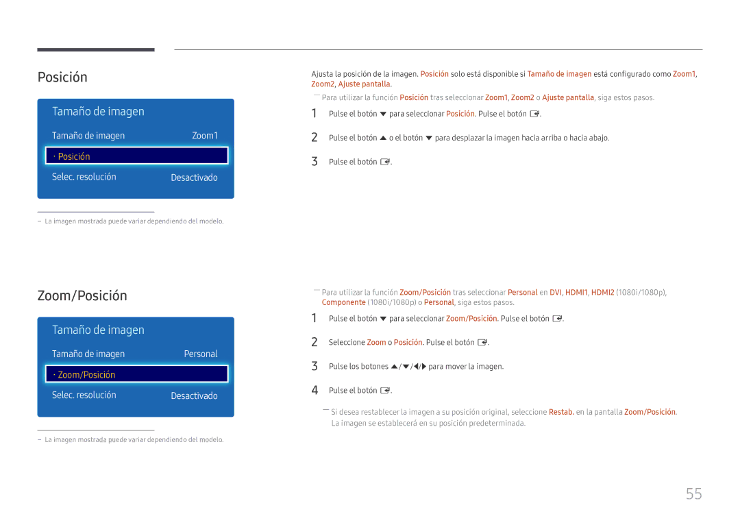 Samsung LH43DCJPLGC/EN, LH49DCJPLGC/EN, LH49DCHPLGC/EN Zoom/Posición, Tamaño de imagen Zoom1, Tamaño de imagen Personal 