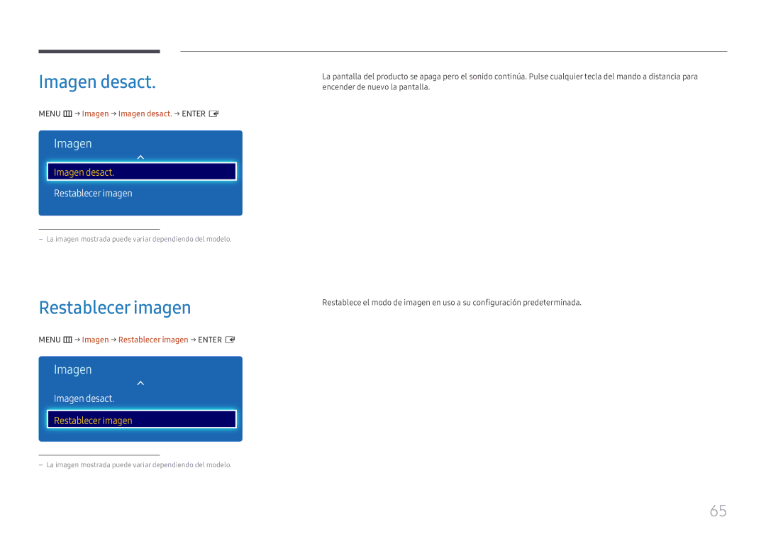 Samsung LH49DCHPLGC/EN, LH49DCJPLGC/EN, LH43DCJPLGC/EN Restablecer imagen, Menu m → Imagen → Imagen desact. → Enter E 