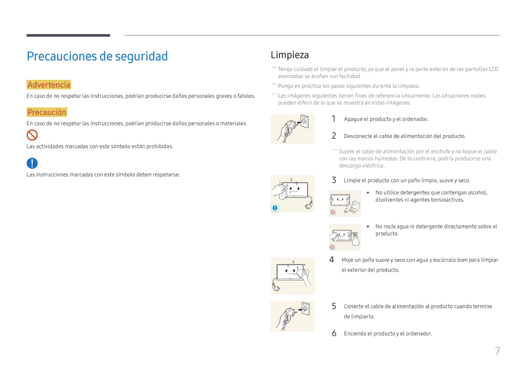 Samsung LH43DCJPLGC/EN, LH49DCJPLGC/EN manual Precauciones de seguridad, Limpieza, Apague el producto y el ordenador 