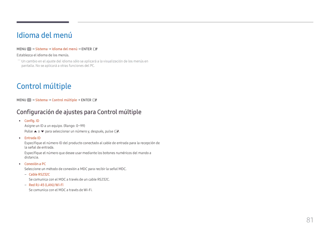 Samsung LH49DCJPLGC/EN, LH43DCJPLGC/EN, LH49DCHPLGC/EN Idioma del menú, Configuración de ajustes para Control múltiple 