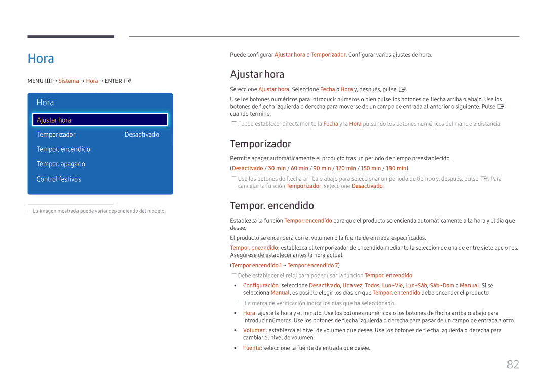 Samsung LH43DCJPLGC/EN, LH49DCJPLGC/EN, LH49DCHPLGC/EN manual Hora, Ajustar hora, Temporizador, Tempor. encendido 