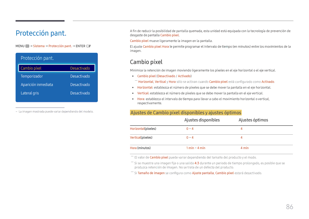 Samsung LH49DCHPLGC/EN, LH49DCJPLGC/EN manual Protección pant, Ajustes de Cambio píxel disponibles y ajustes óptimos 