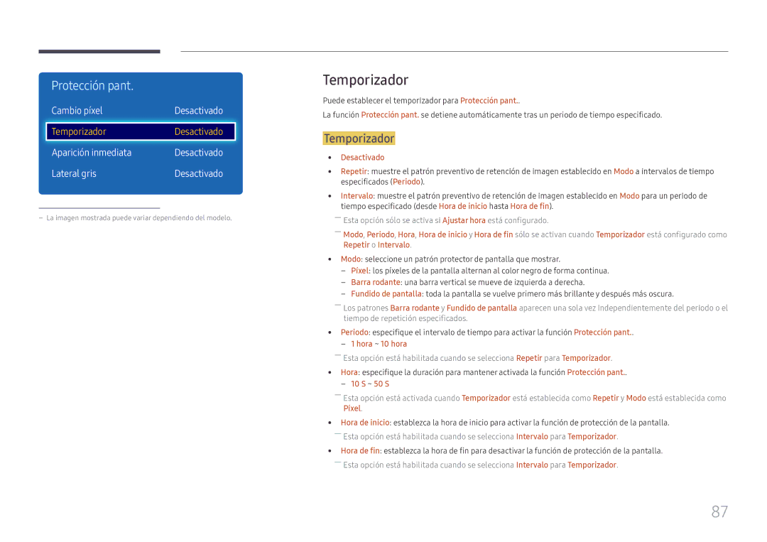 Samsung LH49DCJPLGC/EN manual Temporizador, Cambio píxel Desactivado, Aparición inmediata Desactivado Lateral gris 