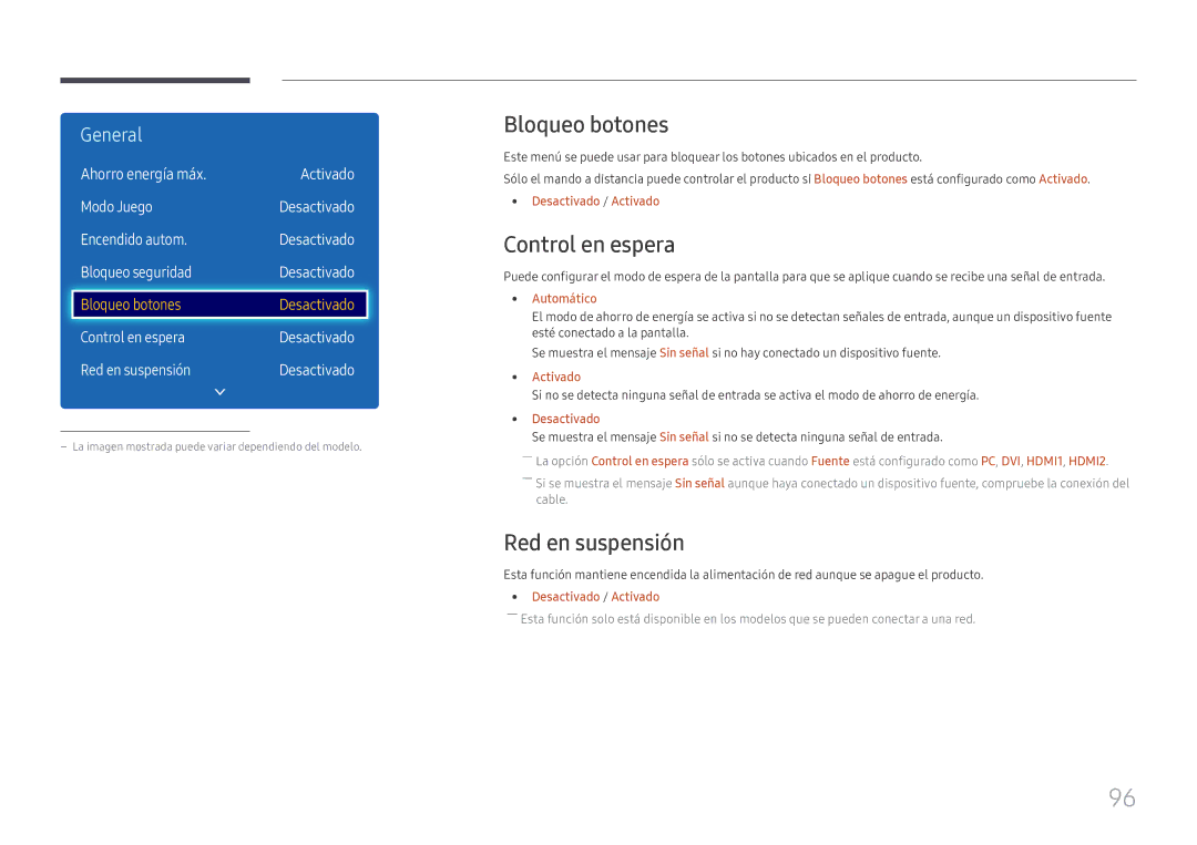 Samsung LH49DCJPLGC/EN manual Bloqueo botones, Control en espera, Red en suspensión, Ahorro energía máx Activado Modo Juego 