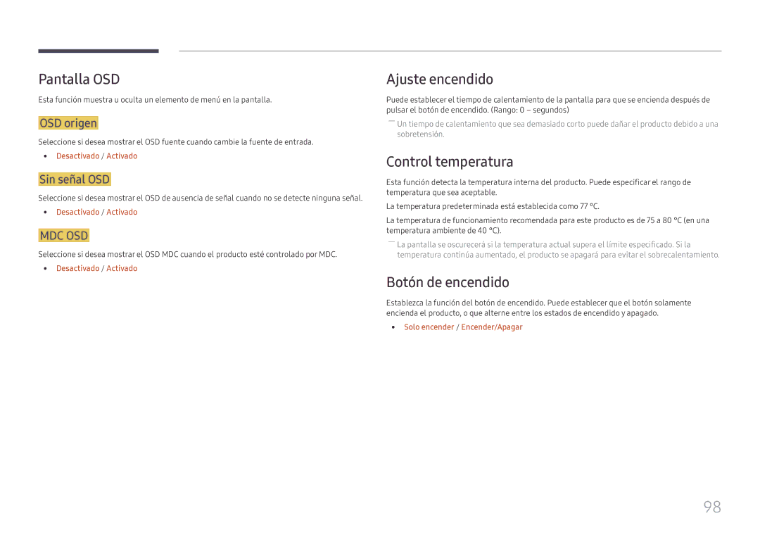 Samsung LH49DCHPLGC/EN, LH49DCJPLGC/EN manual Pantalla OSD, Ajuste encendido, Control temperatura, Botón de encendido 