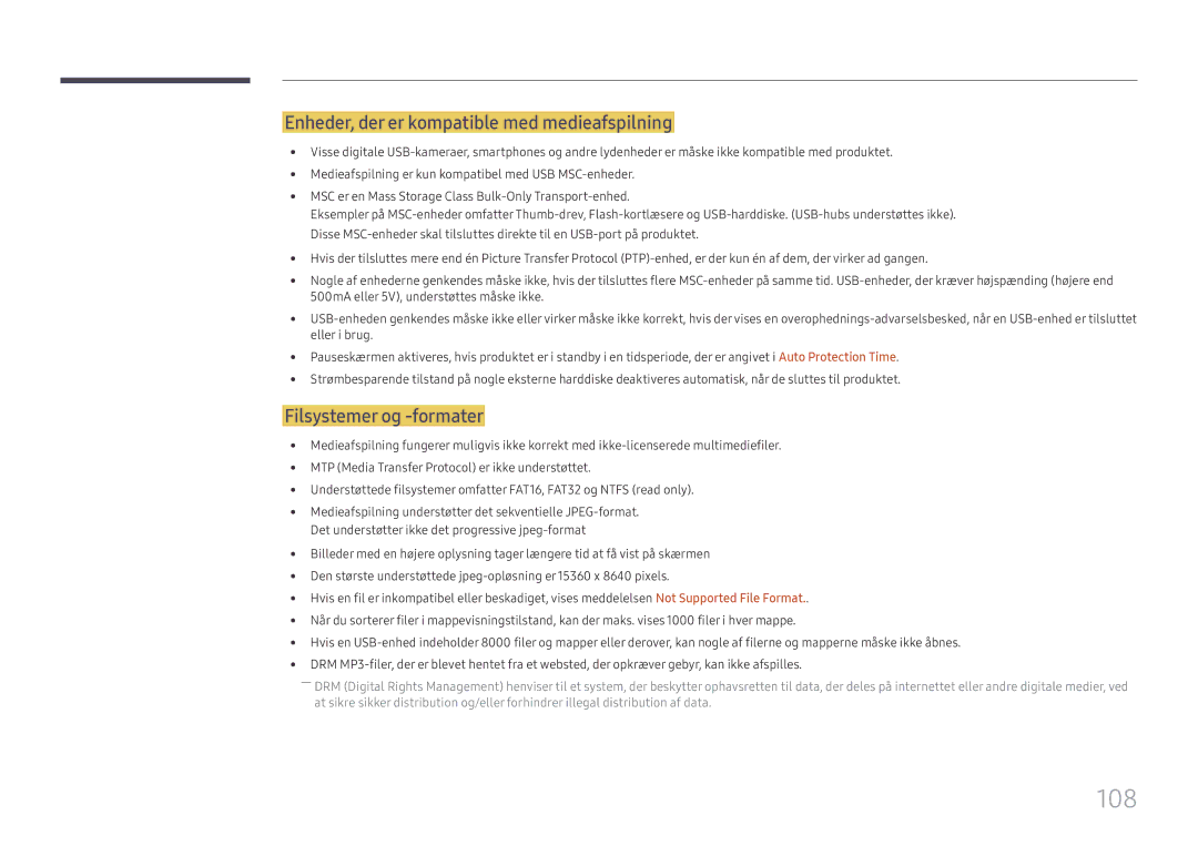 Samsung LH49DCJPLGC/EN, LH43DCJPLGC/EN manual 108, Enheder, der er kompatible med medieafspilning, Filsystemer og -formater 