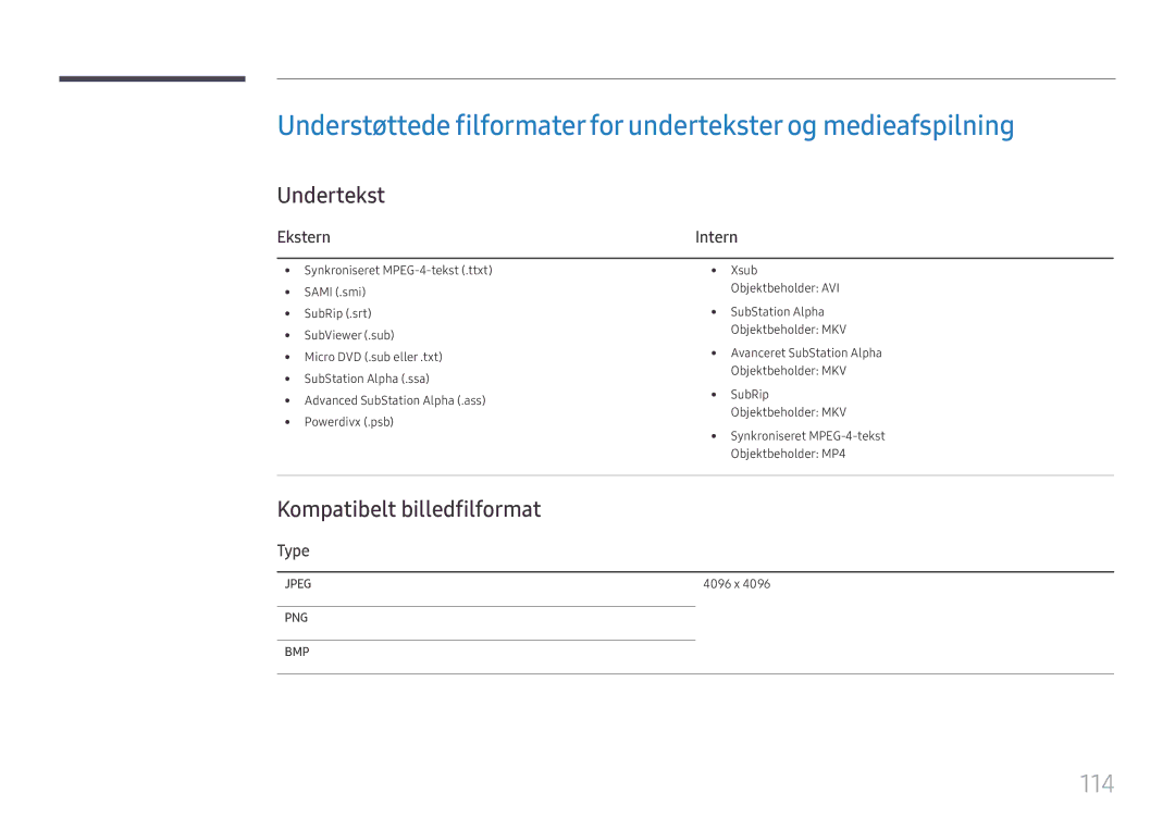 Samsung LH49DCJPLGC/EN, LH43DCJPLGC/EN, LH49DCHPLGC/EN manual 114, Undertekst, Kompatibelt billedfilformat, Ekstern, Type 