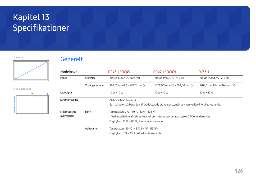 Samsung LH49DCJPLGC/EN, LH43DCJPLGC/EN, LH49DCHPLGC/EN manual Specifikationer, 126 